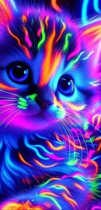 Bright neon glowing kitten with colorful fur in vivid hues.