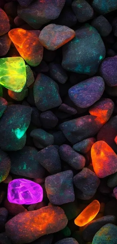 Vibrant neon stones glowing in darkness.