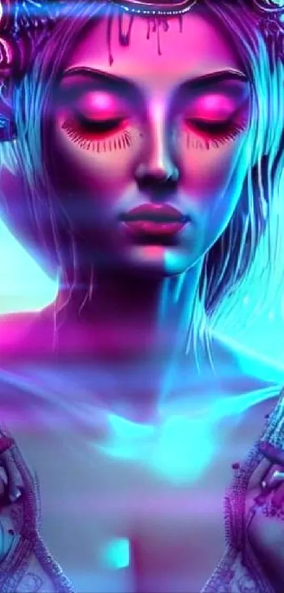 Ethereal goddess with neon colors and intricate design in vibrant digital artwork.