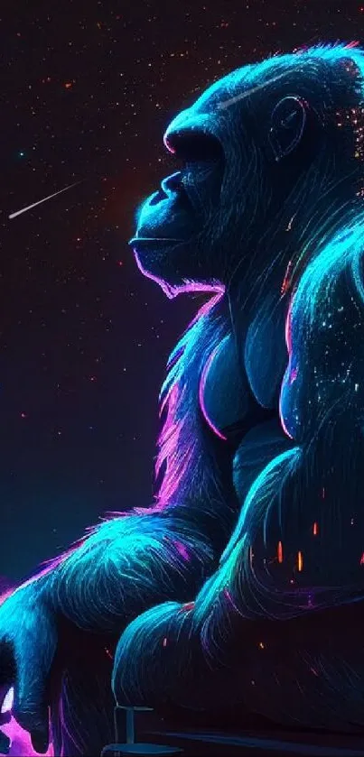 Neon gorilla sitting in front of a vibrant cityscape at night.