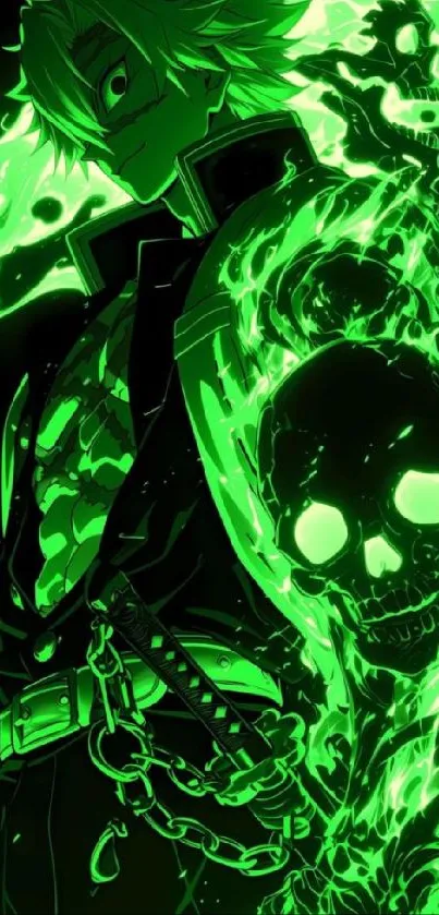 Neon anime character with green flames and skull design.