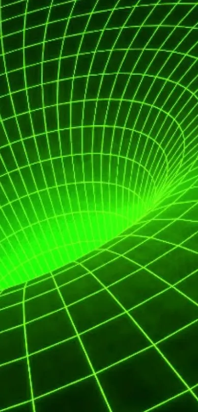 Neon green grid with a tunnel effect, futuristic design.