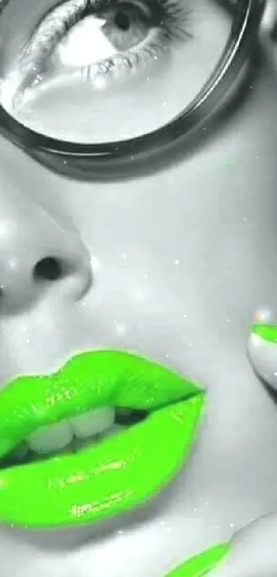 Bold wallpaper with neon green lips and nails on a monochrome face.