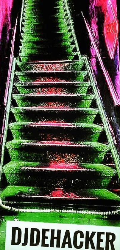 Neon green stairway with urban posters and vibrant colors.