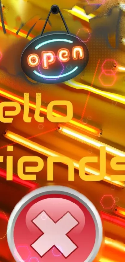 Vibrant yellow-orange neon wallpaper with 'hello friends' text.