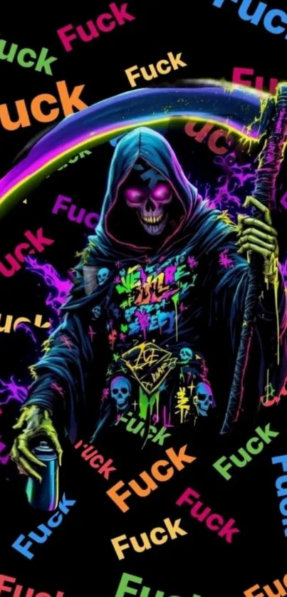 Colorful neon Grim Reaper art wallpaper with vibrant details.