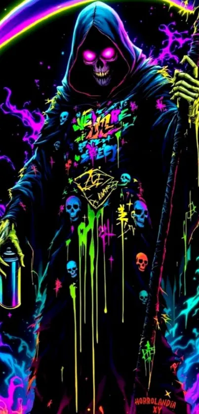 Neon Grim Reaper art with vibrant colors.