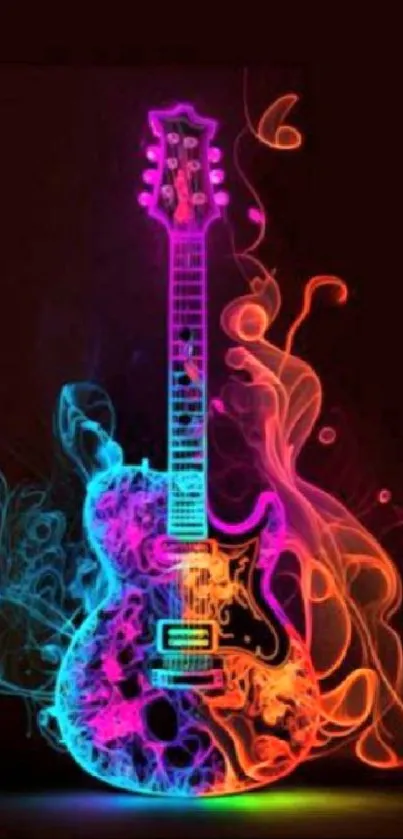 Vibrant neon guitar with colorful smoke design.