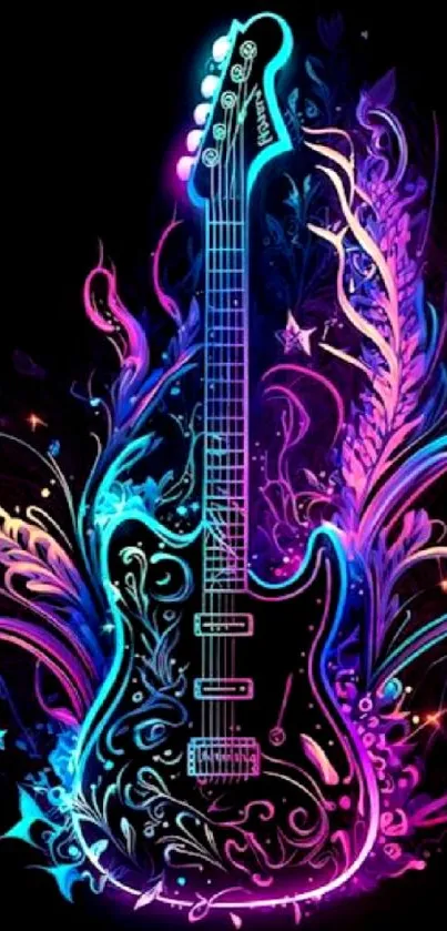 Vibrant neon guitar with colorful swirling designs, perfect for music lovers.