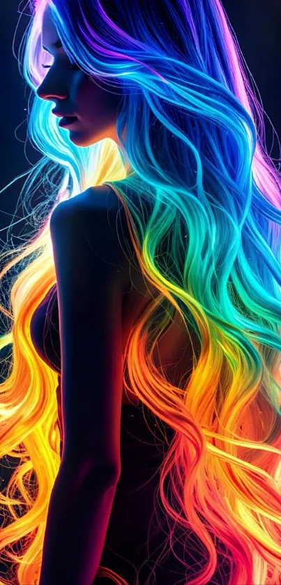 Silhouette with vibrant neon rainbow hair glowing.