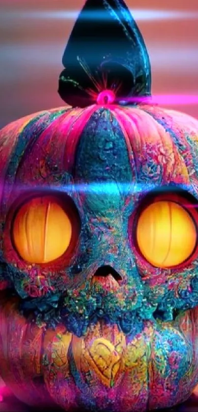 Vibrant neon pumpkin art with glowing colors.