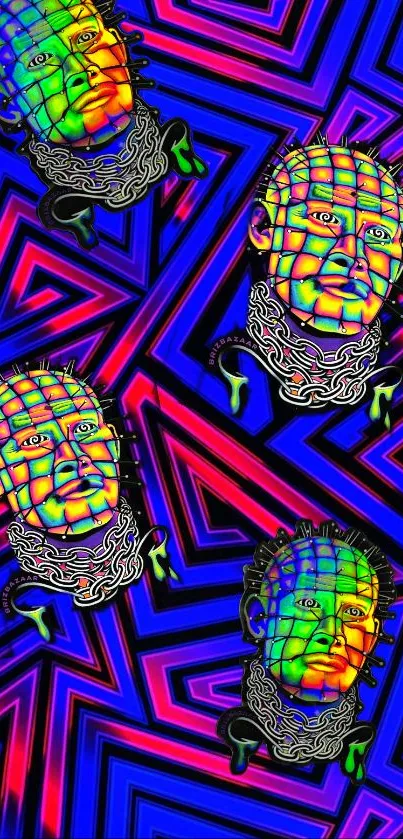 Vibrant neon heads with geometric patterns on a colorful background.