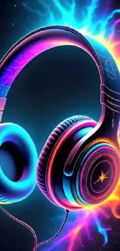 Vibrant neon headphones with colorful abstract background.