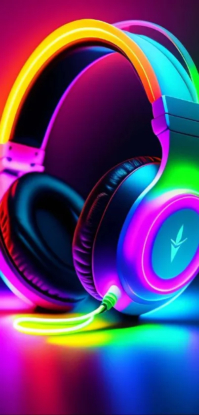 Vibrant neon headphones in glowing colors on a dark background.