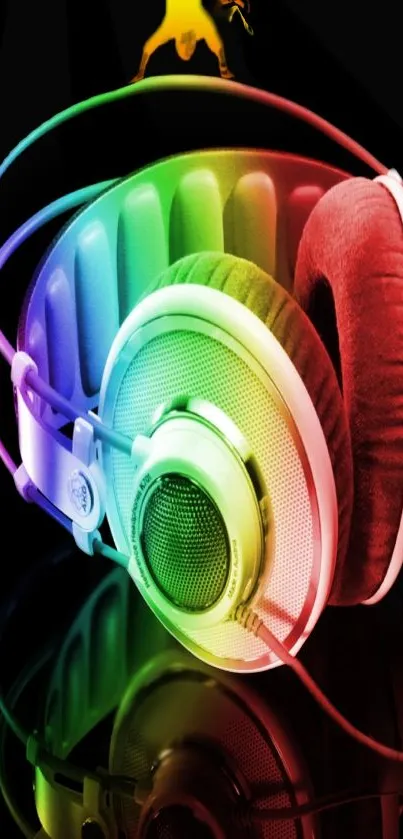 Vibrant neon headphones on a black background, glowing in multiple colors.