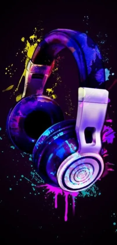 Vibrant neon headphones with colorful splashes on a black background.