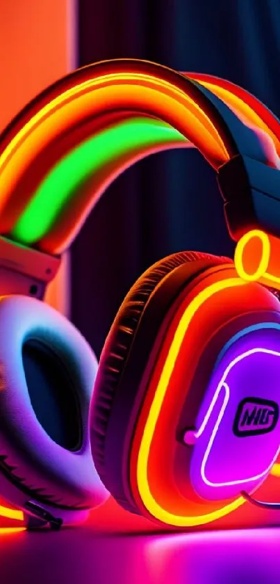 Colorful neon headphones glowing vividly on a dark background.