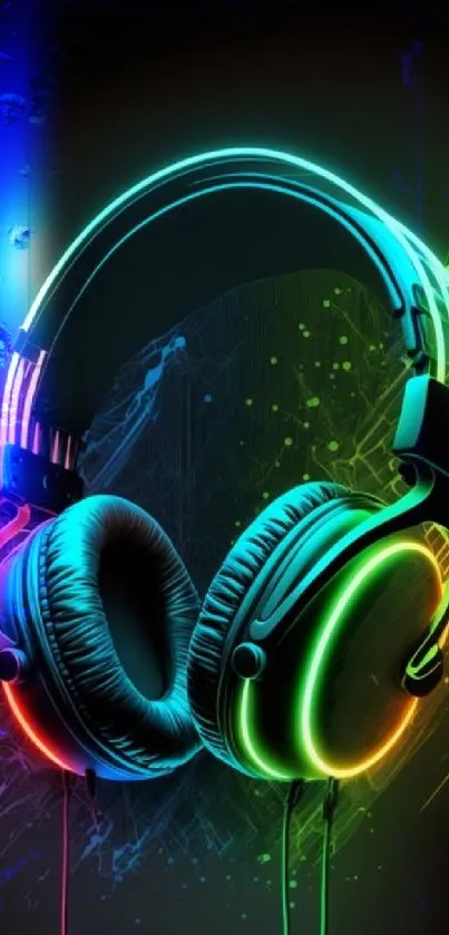 Vibrant neon headphones with dark background.