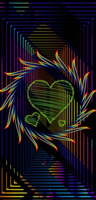 Vibrant neon heart art with colorful lines on black background.