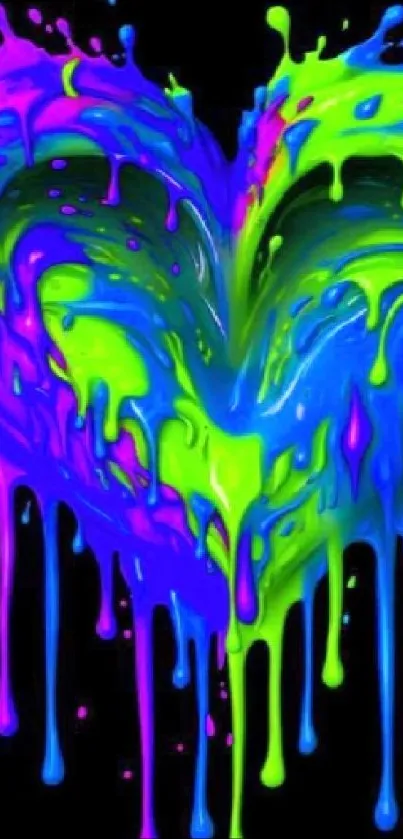 Vivid neon heart art with dripping paint on black background.