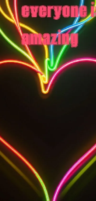 Neon heart wallpaper with inspirational words and colorful light trails.