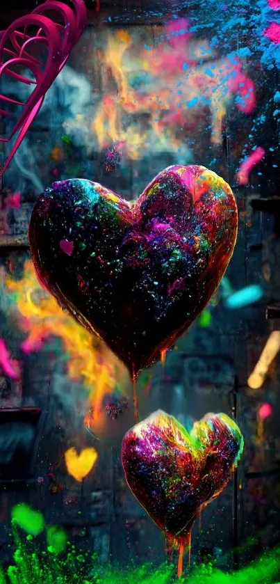 Vibrant neon heart with colorful splashes and abstract background.