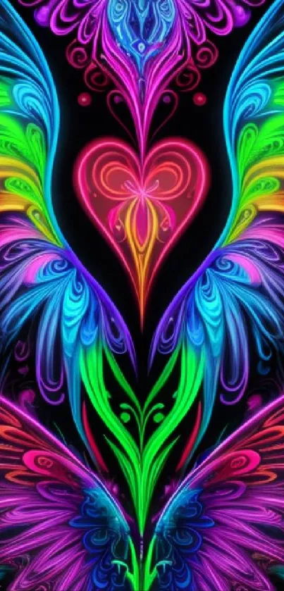 Vibrant neon heart with floral patterns, colorful abstract art.