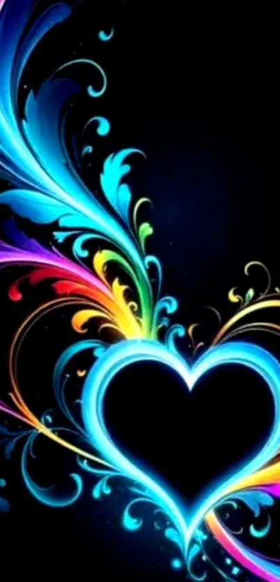 Colorful neon heart with floral swirls on black background.