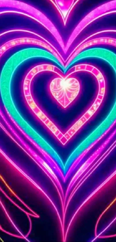 Vibrant neon heart design with pink and teal colors.