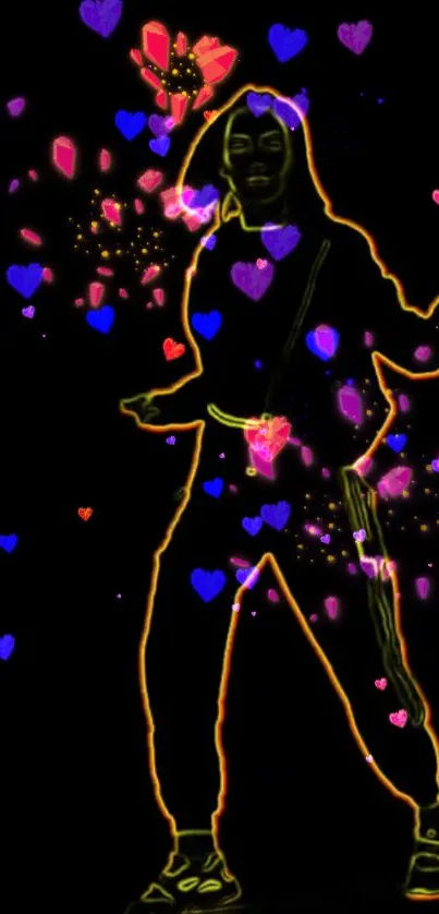 Neon silhouette with colorful hearts glowing on a dark background.