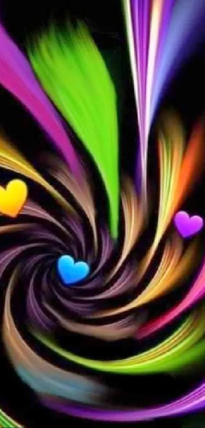 Vibrant neon swirl with colorful hearts on black background.