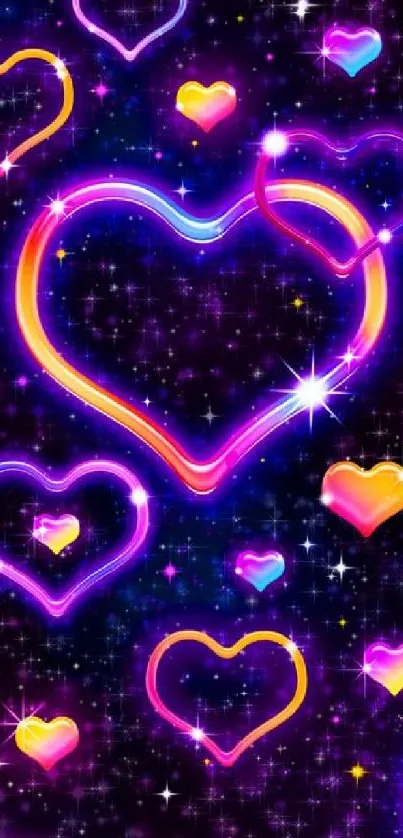 Colorful neon heart wallpaper with sparkling stars.