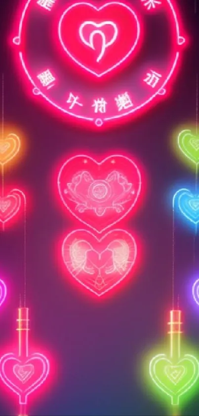 Vibrant neon heart designs in various colors glowing against a dark backdrop.