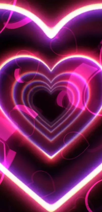 Vibrant neon heart design with glowing pink and purple hues for mobile wallpaper.