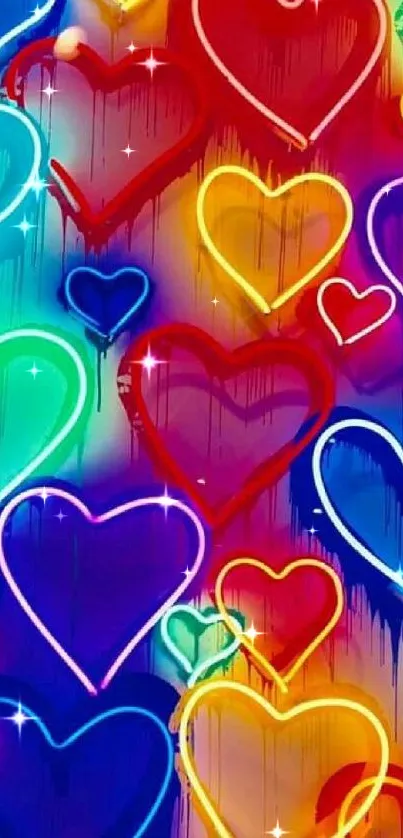 Vibrant neon heart design with colorful glowing hearts on a dark background.