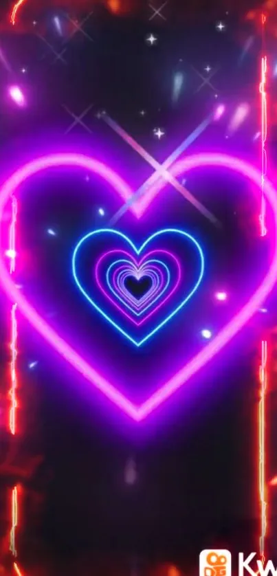 Vibrant neon heart wallpaper with purple, pink, and blue hues and glowing effects.