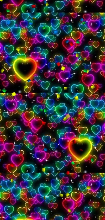 Vibrant neon hearts on a black background wallpaper.