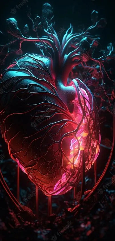 Vibrant neon heart with glowing veins in a dark setting, perfect for mobile wallpaper.