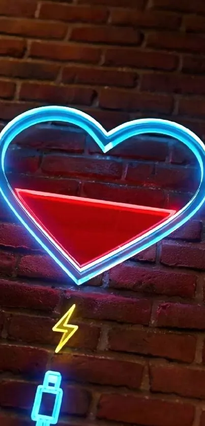 Neon heart glowing on a brick wall.