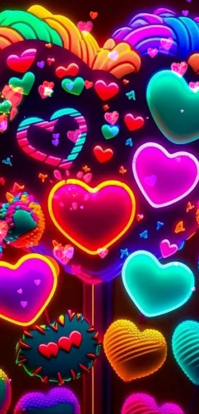 Vibrant neon heart wallpaper glowing with colorful designs.