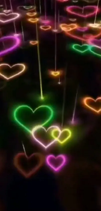 Vibrant neon hearts glowing in the dark.