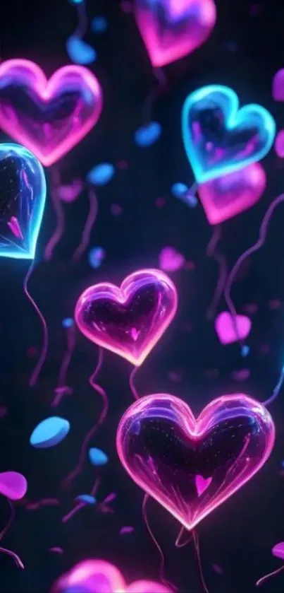 Neon hearts glowing in vibrant colors on a dark background.