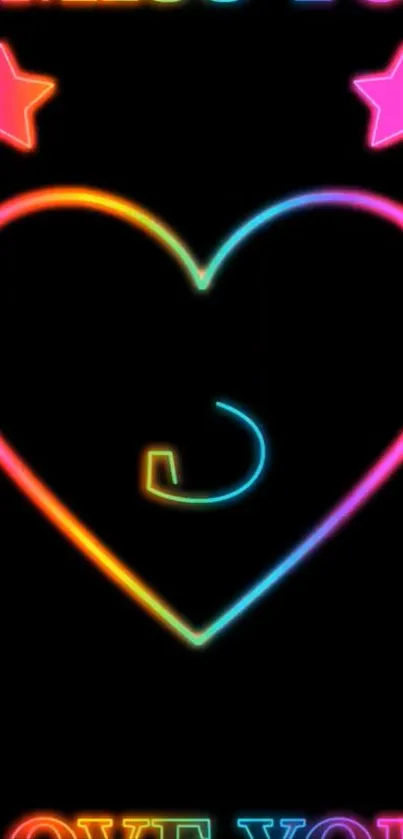 Neon heart with colorful glow and stars on a black background.