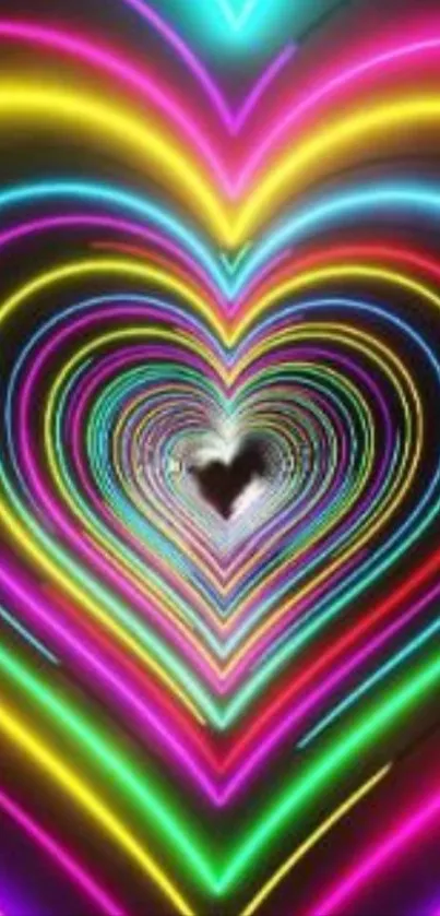 Vibrant neon heart with colorful light patterns.