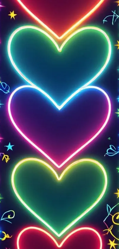Vibrant neon hearts with glowing colors.