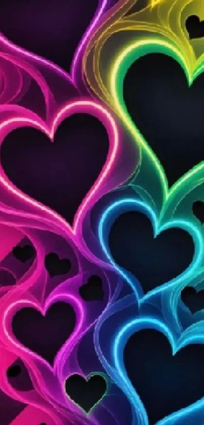 Colorful neon heart pattern mobile wallpaper.