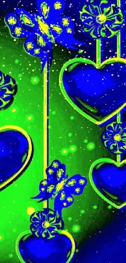 Vibrant wallpaper with blue hearts and butterflies on a neon green background.