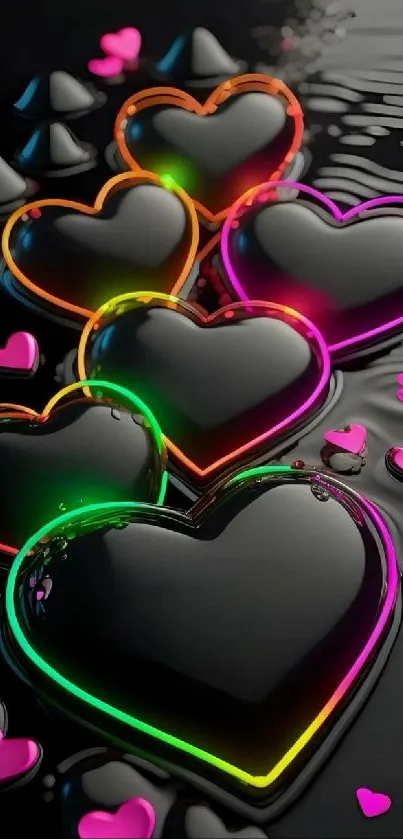 Glossy black heart wallpaper with neon outlines and colorful accents.