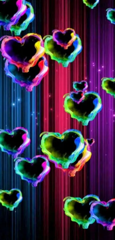 Vibrant neon heart wallpaper with a colorful striped background.