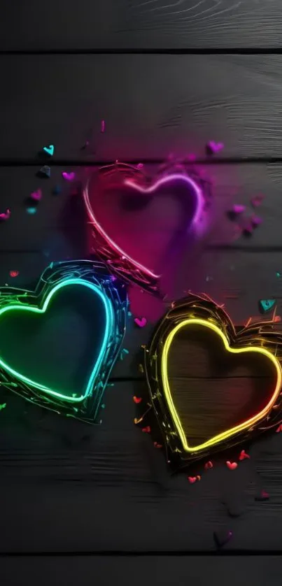 Neon hearts wallpaper with glowing colors on dark background.